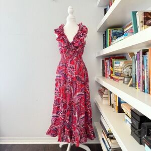 CAROLINE CONSTAS Floral Print Smocked Waist Cotton Maxi Dress Sz XS